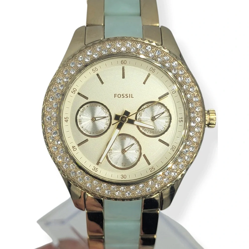 Fossil Stella Watch Women's Mint Green Gold Tone Acetate Crystal Wristwatch